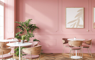 Pink, green, and brown minimalist cafe interior design with natural light and wooden furniture for a relaxing and modern atmosphere. 
