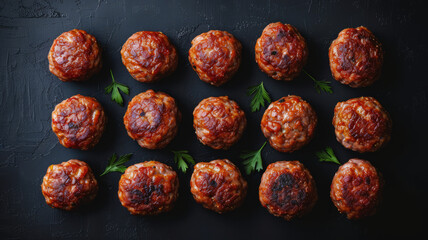 Wall Mural - Top view of cooked meatballs arranged on a dark surface.