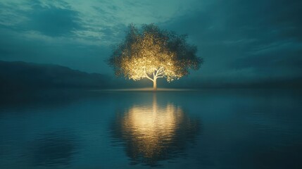 Glowing Tree on a Misty Lake