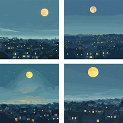 Wall Mural - entire moon nocturnal city vista cartoon vector scenes. celestial cityscape starts horizon lighting 