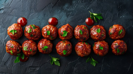 Wall Mural - A row of meatballs garnished with parsley and tomato sauce