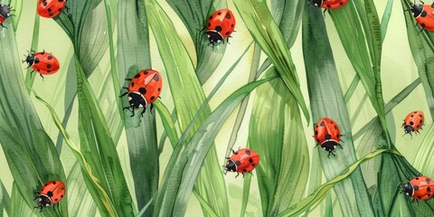 Poster - Watercolor painting of a seamless pattern featuring ladybugs on leaves and blades of grass