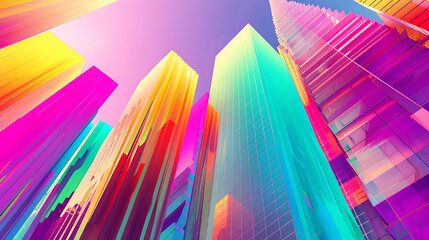 Wall Mural - Abstract colorful skyscrapers, yellow, pink, blue, futuristic, urban, modern, optimism, city life. 
