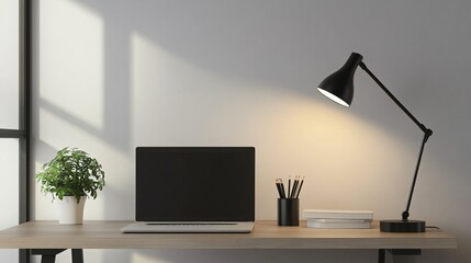 Wall Mural - A simple, modern lamp providing light to a minimalist study area, with just a few essential items on the desk