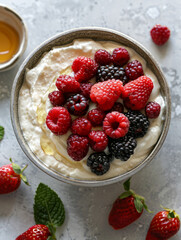 Canvas Print - Bowl of yogurt topped with raspberries and blackberries