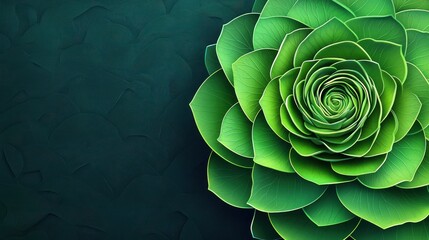 Wall Mural - Lush green leaves with a spiral pattern against a dark green background.