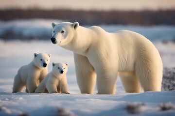 Wall Mural - she cubs bear polar horizontal away photo twilight colours tundra arctic wildlife animal snow pole north wild predator nature ice winter mammal global cute carnivore cuddly big danger water ursus