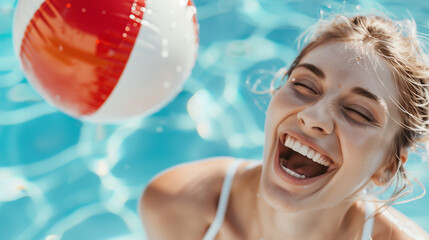 Happy Girl Laughing Poolside with Beach Ball in Summer