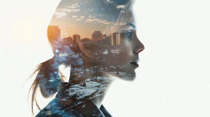 Canvas Print - Corporate woman in a double exposure with digital elements.