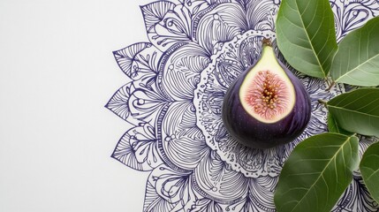 Sticker - Half a fig with green leaves on a mandala background.