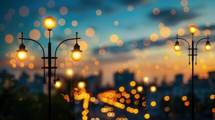 Wall Mural - an elevated city view at dusk, with street lamps and building lights creating a golden bokeh pattern