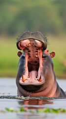 Hippopotamus with open mouth and water splashes