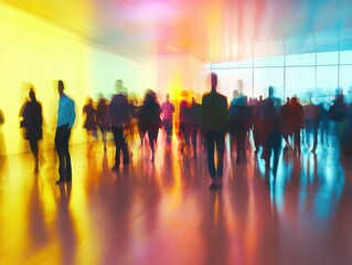 Blurred silhouettes of people moving in modern gallery with colorful lighting creating vibrant atmosphere