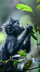 Dusky langur foraging for food in lush green environment