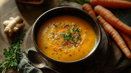 Wall Mural - Carrot ginger soup, food photography, 16:9