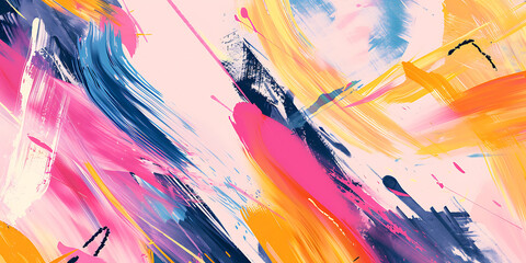 Wall Mural - Abstract pink, yellow, and blue brushstrokes create a vibrant and energetic mood. 
