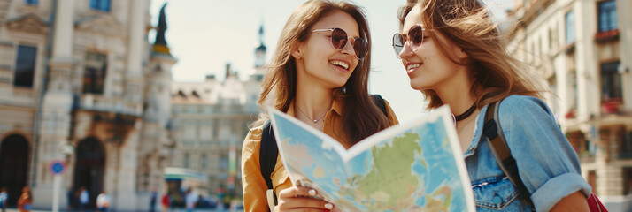 Happy Friends Traveling and Exploring a City with a Map