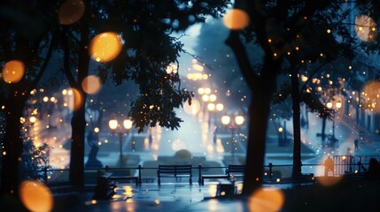 Wall Mural - overlooking a city park at night, the surrounding street and pathway lights blurred into soft bokeh 