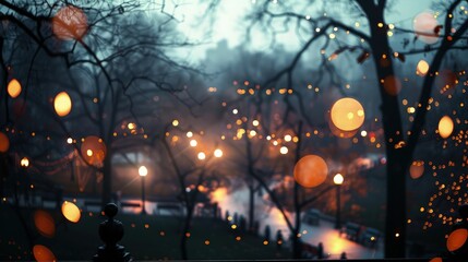 Wall Mural - overlooking a city park at night, the surrounding street and pathway lights blurred into soft bokeh 