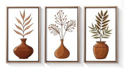 Wall Mural - floral vase and botanical wall art, minimalistic one line art, set of three vertical poster