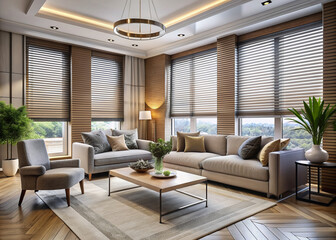 Opulent modern apartment interior with sleek roller shutter window treatment, flooded with natural light, boasting lavish furnishings and sophisticated neutral toned decor.