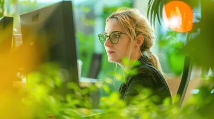 Portrait of a woman working on a computer in a modern bright and green Office. Blurred background. Generated AI.