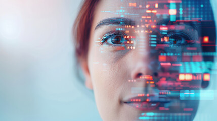A close-up portrait of a woman with a digital overlay, symbolizing technology and innovation in the modern world.