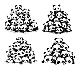 Wall Mural - Lovely panda group pencil sketch vector concepts. Bears fur creature crowd eyes ears wildlife animals black ink monochromatic cuddly endearing illustration isolated on white background