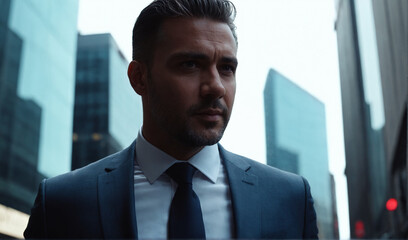 Portrait of a confident man in a business suit on the streets of the city in dark colors.