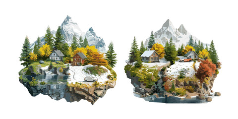 Poster - Mountain village season cartoon vector scenes. Autumn winter house tree snow cabin forest car rural landscape isolated illustrations