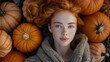© liliyabatyrova - A woman with red hair lays on a bed of pumpkins