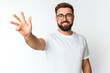 © AI Visual Vault - Confident and Approachable: Bearded man in glasses smiles warmly as he gestures with a welcoming wave on a white background.