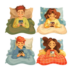 Wall Mural - Nighttime tablet perusal cartoon vector scenes. Teens boys girls screens cushions covers smartphones relaxation night snug technology leisure digital electronics comfort isolated artworks