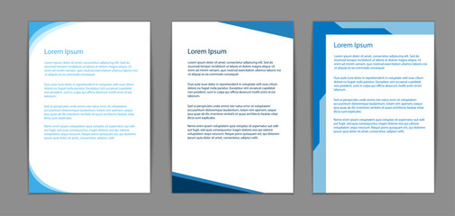 Three blue-themed document templates featuring Lorem Ipsum text. Modern and clean design on a gray background. Concept of document design templates, mockup a4