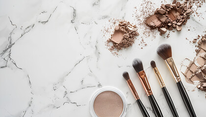 Wall Mural - Makeup brushes and scattered eye shadow on white marble table, flat lay. Space for text