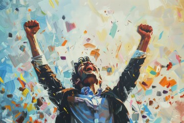 realistic depiction of a charity founder celebrating success.