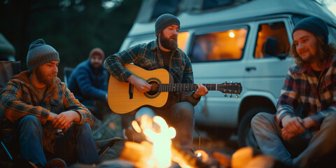 Wall Mural - Cheerful young friends musicians playing a guitar by a bonfire at a campsite on summer night.