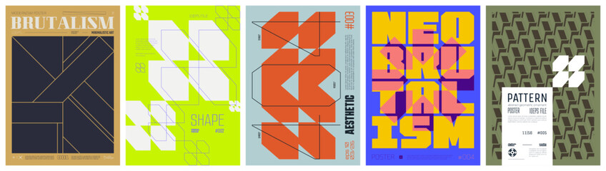 Leinwandbilder - Set modern art colorful trendy poster, abstract geometric A4 composition graphic in Y2K aesthetics, vector simple shapes rave print artwork modernism and minimalistic brutalism style, mix set 2