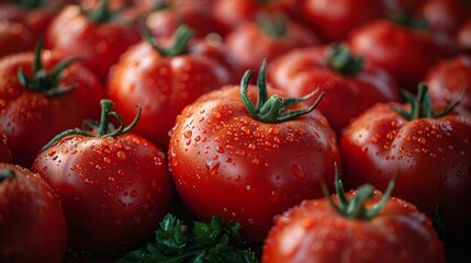 Wall Mural - Freshly picked red tomatoes covered with water droplets