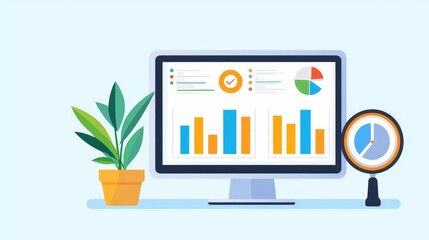 SEO tools, analytics dashboards, flat design illustration