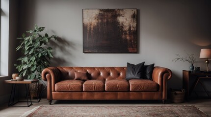 Wall Mural - Stylish vintage leather sofa in softly lit elegant living room 