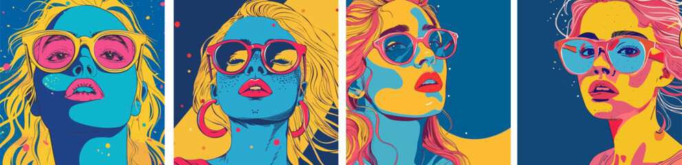 Poster - Pop art female cartoon vector concepts. Lady portraits lengthy hair face freckles facial lips depiction fashion chic shades retro modern feminine avatars, contemporary bright illustrations