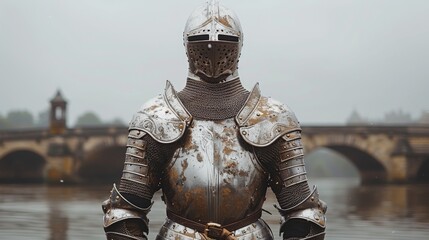 Medieval knight wearing full body armour standing by river