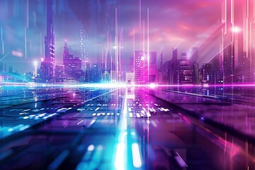 Futuristic cityscape background with retrowave aesthetics, featuring geometric city elements in shades of blue and purple for desktop wallpaper