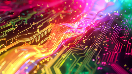 Wall Mural - A colorful electronic circuit board with a rainbow-colored line running through it. Concept of creativity and innovation, as well as the potential for endless possibilities in the world of technology.