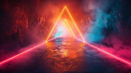 Wall Mural - vibrant neon lights are illuminating a futuristic tunnel with a grunge concrete floor and smoke