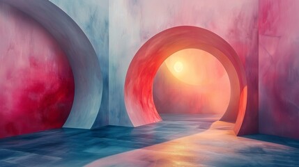 Wall Mural - abstract empty space with round archways illuminated with orange light