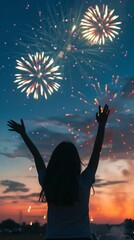 Wall Mural - Woman celebrating with fireworks in the background.