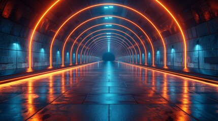 Wall Mural - futuristic tunnel glowing with orange and blue neon light reflecting on tiled floor