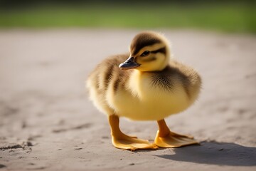 Wall Mural - newborn little duck one isolated nice small bird young white duckling fluffy cute background gosling goose yellow farm beak nature spring funny domestic adorable pet fur animal poultry beautiful